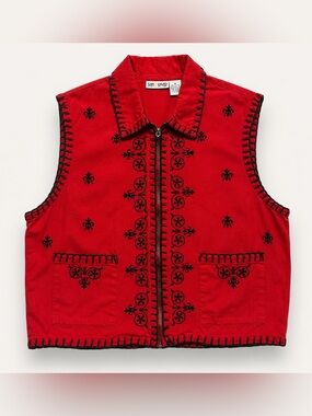 Vintage Sun River Red Embroidered Cotton Zip Vest Blanket Stitch Boho Western M